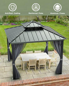 GarveeLife Hardtop Gazebo 10 ft x10 ft for All Weather, with Double Metal Roof, Aluminum Alloy Frame, Net, and Curtain, Permanent Building for Patio, Deck, Backyard, Lawn, and Garden