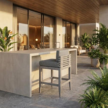 Outdoor Escape Gray Eucalyptus Wood Outdoor Patio Counter Stool with Cushions, Modern Square Seat, Durable Frame, Comfortable Gray Olefin Cushions