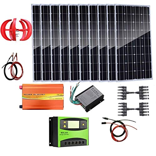 AUECOOR 1.4Kw Wind Solar Power: 400W Wind Turbine Generator & 10pcs 100W Mono Solar Panels & 3000W Off Grid Inverter & Cable Connector& Accessories Home Boat RV
