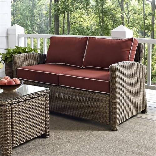 Afuera Living Modern Wicker Patio Loveseat, Brown and Sangria Finish, 56 in Wide, Weather-Resistant Resin Wicker, UV-Resistant Polyester Cushions, Deep Seating Outdoor Furniture for Patio or Garden