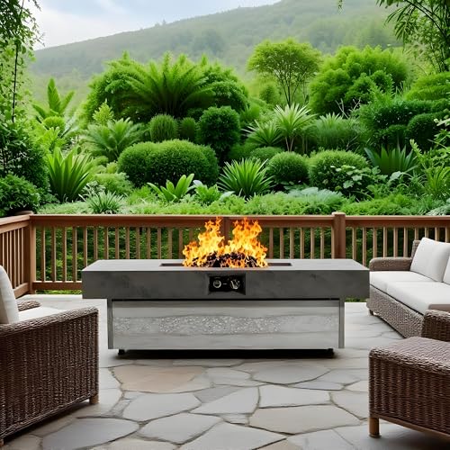 Outdoor Propane Fire Pit Table Rectangle Patio Gas Fireplace 50000 BTU Concrete Look Burner with Lid Electronic Ignition Adjustable Base Glass Stones Steel Housing for Backyard Deck Garden