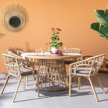 LICOME Bamboo Patio Table, Outdoor Table and Chairs, Ideal Patio Dining Ratten Round Table 110CM Plastic Wood Top