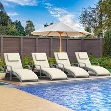 YITAHOME Patio Chaise Lounge Chair Set of 4, Wicker Chaise Lounge Outdoor Rattan Reclining Chair with Armrests/Pull-Out Cup Holder/5-position backrest/Cushion & Headrest-Beige