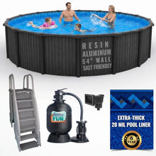 24' Rust Proof Round Above Ground Pool Package, 54" Salt Friendly Aluminum Wall & Resin Top Rails & Uprights. Includes Pool, Liner, Steps & More