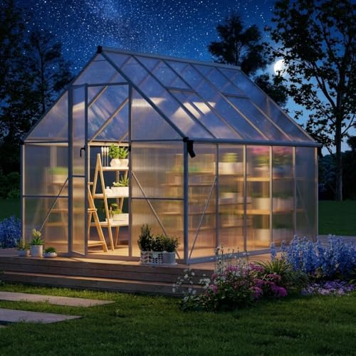 Garvee 8 x 10 ft Outdoor Polycarbonate Greenhouse Kit, Heavy Duty Greenhouse with Reinforced Aluminum Frame, Adjustable Roof Vent, Lockable Door & Quick-Connect Assembly