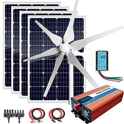 880W Solar & Wind Power Kits Home Off-Grid System for Charging 12V Battery：400W Wind Turbine Generator + 480W Rigid Mono Solar Panel + Hybrid Charge Controller+ 3000W 12V Inverter+Accessory