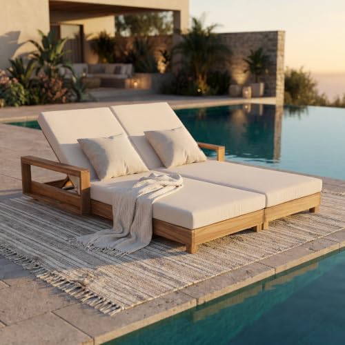 Christopher Knight Home Mari Acacia Wood Chaise Lounge Chair Outdoor, Spacious Double Outdoor Chaise Lounge with 2-Fold Cushions, 4 Position Adjustable Backrest Pool Lounger, Light Natural + Cream