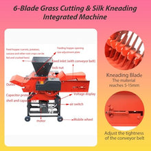 THUXEON 6-Blade Grass Cutting and Silk Kneading Machine, 220V Hay Cutter Kneader Grinder with Conveyor, Automatic Feed, 2.2KW Crushing Corn Peanuts Straw Wheat, 500-1000kg/h