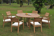 WholesaleTeakFurniture Grade-A Teak Wood 8 Seater 9 Pc Dining Set: 72" Round Table and 8 Vellore Stacking Arm Chairs #WFDSVL36