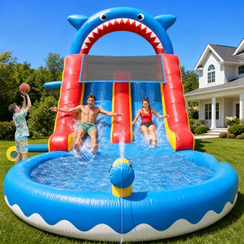 HXDOGSP Inflatable Water Slide Commercial Grade: Water Bounce House for Adults and Teenagers - Big Pool, Premium PVC, Wet & Dry, Blower Included - for Backyard Outdoor Birthday Party, Shark Style