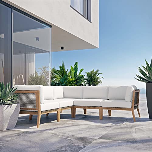 Modway Clearwater Outdoor Patio Teak Wood 5-Piece Sectional Sofa in Gray White