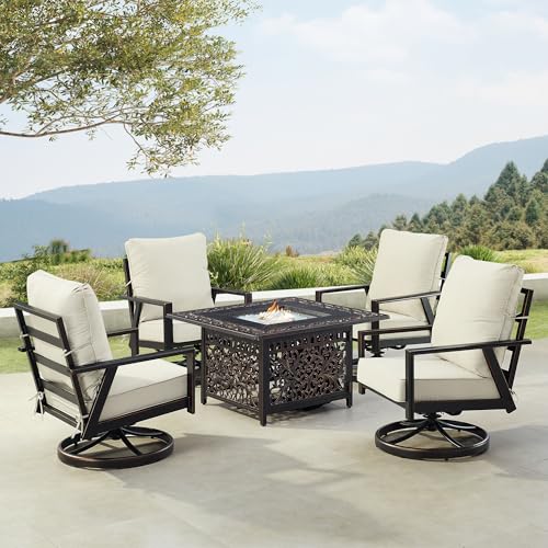 Oakland Living Black Aluminum Patio Fire Table Set with Four Club Chairs with Light Grey Cushions