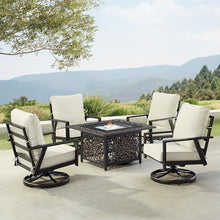 Oakland Living Black Aluminum Patio Fire Table Set with Four Club Chairs with Light Grey Cushions