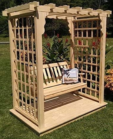 Amish-Made Lexington Style Cedar Arbor with Deck & Swing - 6' Wide Walkthrough, Walnut Stain