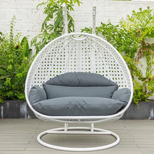 LeisureMod 2 Person Hanging Egg Chair, Indoor Outdoor Patio Lounge Swing with White Stand & UV-Resistant Cushions, Hammock Chair for Bedroom & Garden, Dark Grey