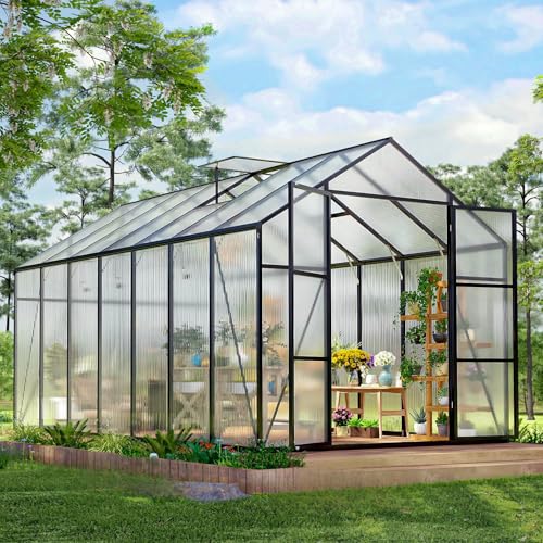 Vigo Huseeo 7.8FT High Polycarbonate Greenhouse with Roof Vent and Wind Protection Black