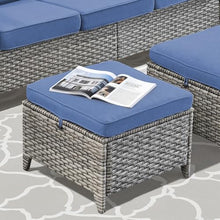 Seeheool Outdoor PE Wicker Ottomans Set of 2, Patio Gray Rattan Footrests with Blue Cushions for Backyard or Deck