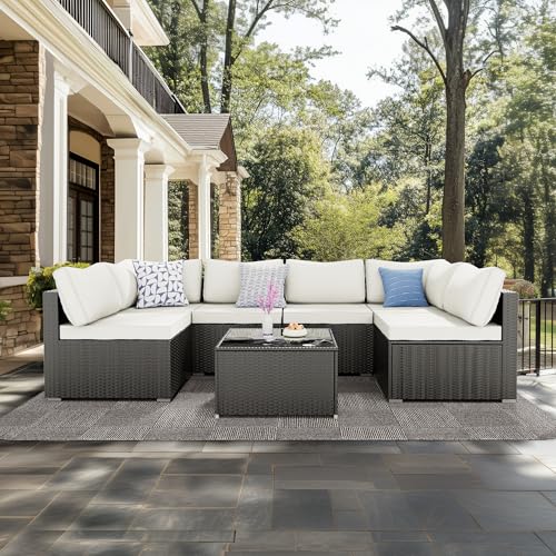 Skyfish 7 Pieces Patio Furniture Set Outdoor Sectional Wicker Rattan with Cushion and Glass Table Black & Beige