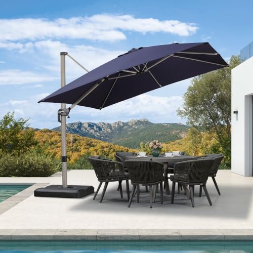 OROTLECT 10' Square Cantilever Aluminum Offset Navy Umbrella with 360° Rotation and Base