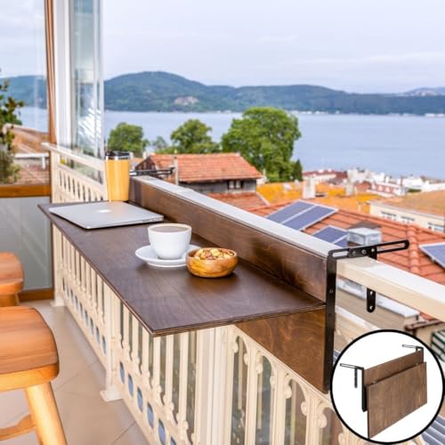 Balcony Bar Table for Railings, Outdoor Folding Deck Rail Table for Patio, Balcony Hanging Desk for Many Railings Compatible, Wooden Bar Serving Table for Porch (Walnut, XL: 47.3 x 11.8 inches)