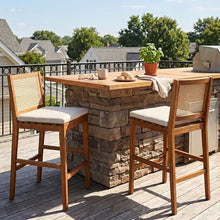 Christopher Knight Home Kirkby Outdoor Counter Height Bar Stools Set of 2, Acacia Wood Counter Stools with Wicker Backrest, Patio Bar Chairs with Cushion for Outdoor Bar Table, Teak + Beige + Yellow