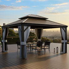 Pamapic 12'x14' Hardtop Gazebo with Double Roof, Netting & Curtains, Brown