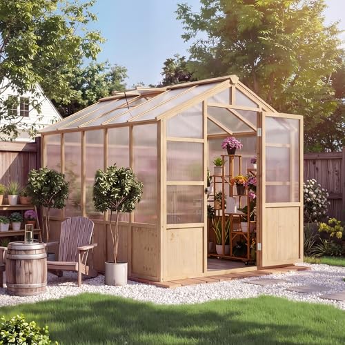 Wooden Greenhouse Kit with 4mm Polycarbonate Panels & 2 Adjustable Ventilation - Heavy Duty Wood Large Outdoor Greenhouse with Lockable Door for Garden, Backyard, Patio, Lawn Walk-in Green House
