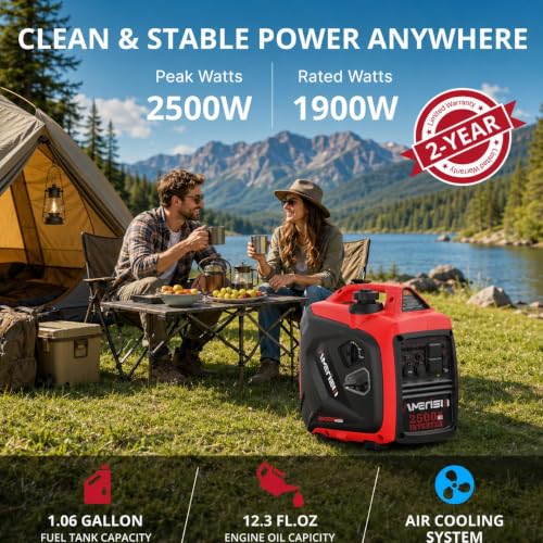 AMERISUN Portable Inverter Generator 2500W, Quiet Gas Power With CO Alarm