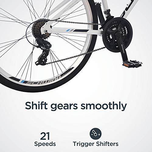 Schwinn Network 3.0 Hybrid Bike Men Women 700c 21-Speed 18-Inch Aluminum Frame Front Suspension Alloy Linear Pull Brakes White