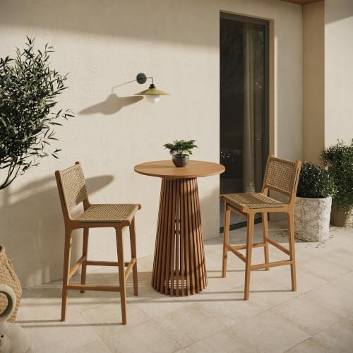 Modway Rowe Teak Wood Patio 3-Piece Outdoor Bar Set in Natural - Outdoor Round Bar-Height Bistro Pub Table and 2 Patio Bar Stools with Faux Rattan Seat and Back
