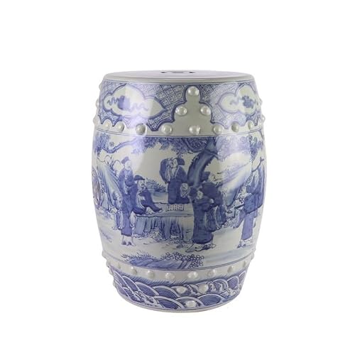 JOYNOW Ceramic Garden Stool Decorative Garden Stools Hand-Painted Blue and White Figures Ceramic Large Stool Cooler Pier Home Living Room B&B Collection of Decorative Ornaments Garden Stool Ceramic
