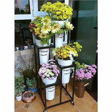 RWGOVLU Potted Plant Stand Holder Flower Cart Display Stand With Wheels Planter Display Shelf With 4 Pcs Round Flower Bucket