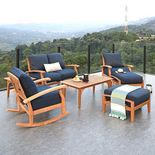 Teak Patio Ottoman with Cushion Blue Farmhouse Wood Finish Removable Cushions