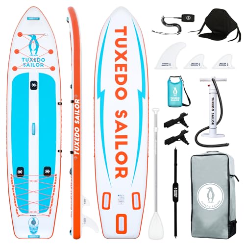 Tuxedo Sailor Inflatable Fishing Kayak Ultra Long Weight Capacity 450lbs Stand Up Paddle Board White/Blue/Orange 3