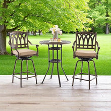 3 Piece Swivel Outdoor Table and Chairs Bar Set , All-Weather Cast Aluminum Outdoor High Top Patio Bar Set Bistro Set, High Swivel Stools with Cushions Umberlla Hole for Balcony, Poolside,Garden,Lawn