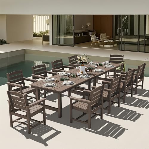 KINGYES 12 Piece Patio Dining Set, HDPE Outdoor Table and Chairs Set with Umbrella Hole, Dark Brown