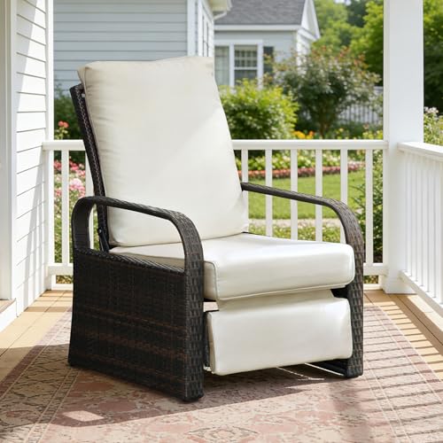 Skypatio Outdoor Recliner Wicker Patio Adjustable Recliner Chair with 5.5" Thick Cushions and Footrest,Rust-Resistant Aluminum Frame,All-Weather Resin Rattan, Brown& Cream