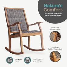 Cambridge Casual Dunham Teak Porch Rocking Chair, Padded Woven Seat, All-Weather Teak Wood Outdoor Rocker with Built-in Quick Dry Cushion and Poly-Rattan Wicker Accents