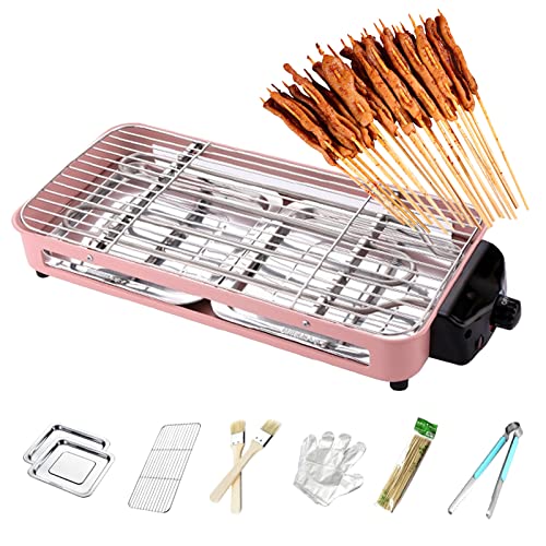 Smokeless Table Grill, Electric BBQ Grill 1500 W for Indoor Outdoor Use, Electric Table Top Griddle, Non-Stick Coating Grill Surface 42.5x20.5 cm, Removable Grease Tray, for Festival Party,Pink