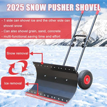 Pro Snow Pusher Shovel for Driveway with Wheels, 42cm Wide Heavy Duty Push Snow Plow Shovel, Wheeled Rolling Snow Pusher for Snow Removal Adjustable Angle & Height Handle