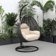 LeisureMod Charcoal Wicker Rattan Hanging Egg Swing Chair for Indoor Outdoor Bedroom Patio with Stand and Cushion (Beige)