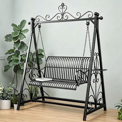 Double Patio Porch Swing, Wrought Iron Hammock Chair with Stand(Black)