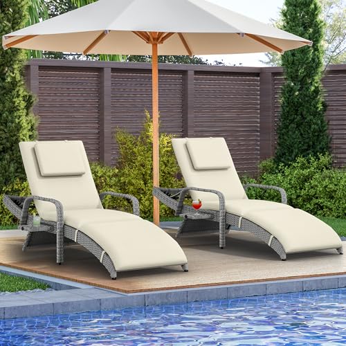 YITAHOME Patio Chaise Lounge Chair Set of 2, Wicker Chaise Lounge Outdoor Rattan Reclining Chair with Armrests/Pull-Out Cup Holder/5-position backrest/Cushion & Headrest-Beige