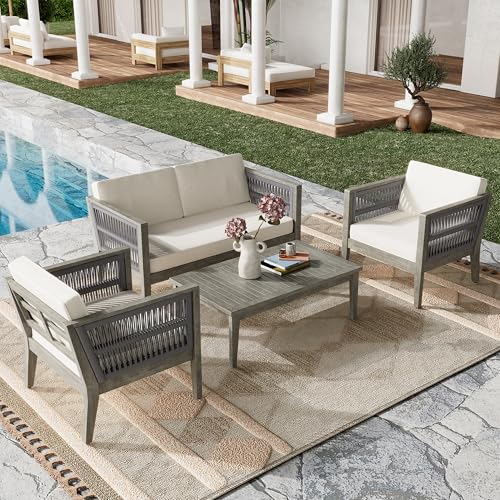 Christopher Knight Home 4-Piece Outdoor Acacia Wood Patio Set Grey+Beige