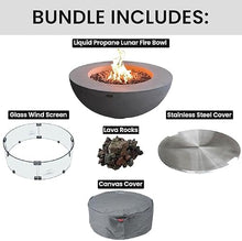 Elementi Lunar Bowl Fire Pit Bundle Outdoor Firepit Set Includes 42” Natural Gas Concrete Firepit Bowl, Glass Windscreen, Stainless Steel Cover, Canvas Cover, Lava Rocks