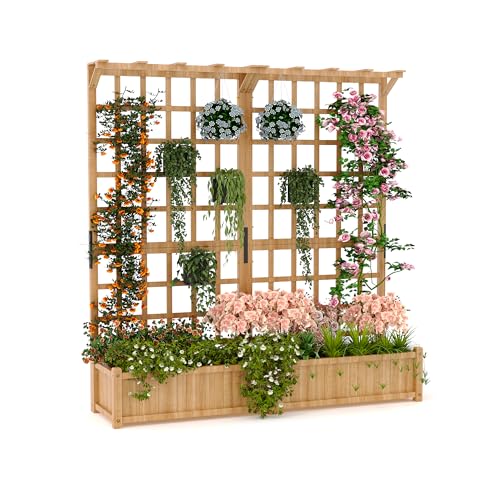 Dual-Section Wood Planter Box With Trellis For Outdoors,Raised Garden Bed For Hanging Baskets,1.4Ft Depth Large Planter Box With Hanging Roof & 8 Drainage Holes For Climbing Plant,Vegetables,Flowers