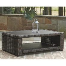 BOWERY HILL Patio Coffee Table, 48 in x 30 in x 16 in, Aluminum Frame with Resin Wicker Base, Brown Finish, Outdoor Coffee Table with Lower Shelf, Weather-Resistant for Patio or Garden Use