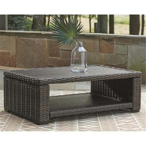 Afuera Living Outdoor Wicker Patio Coffee Table, 48 x 30 in, Brown Resin Wicker, Aluminum Frame and Tabletop, All-Weather Design, Lower Shelf, Rustproof Finish, Perfect for Patio or Outdoor Seating