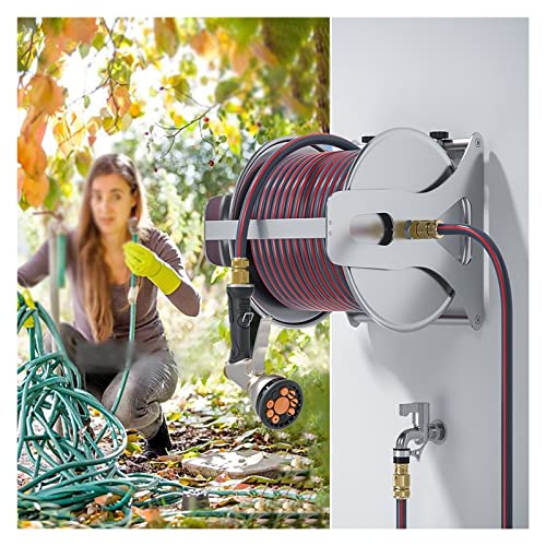 Garden Hose Reels Cart Wall Mount Water Hose Storage for Outside, Outdoor Hose Reel Heavy Duty Hose Reel, Water Hose Holders Outside (65.6ft/20m)