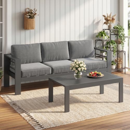 Solaste Aluminum Patio Sofa with Coffee Table,2 PCS Patio Furniture Set with Cushions, All-Weather Outdoor Sofa for Balcony, Deck, Backyard, Porch, Garden, Dark Grey
